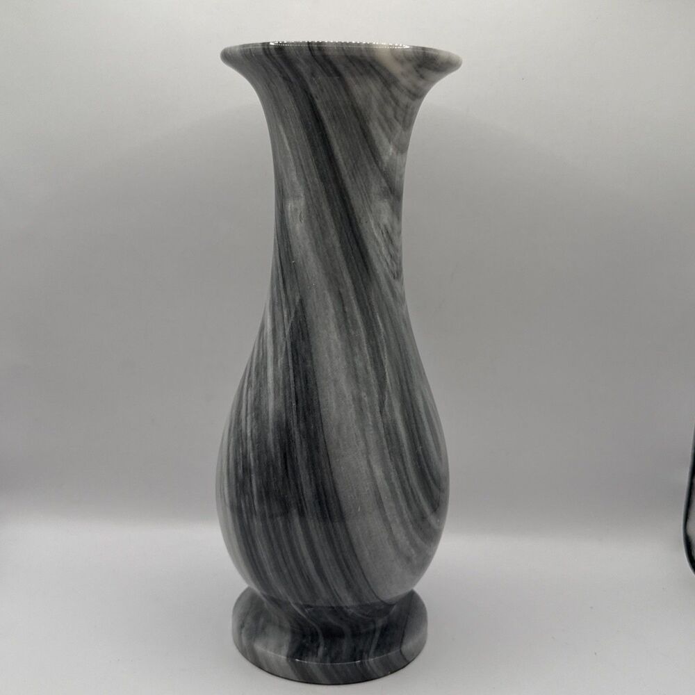 Vintage Grey Marble Stone Vase Hand Carved Black Veined Pedestal Flower Bud 8in